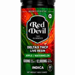 Bottle of Red Devil Delta-9 THC gummies in apple/watermelon flavor, Indica, 600mg per gummy, 12,000mg total per jar, 21+.