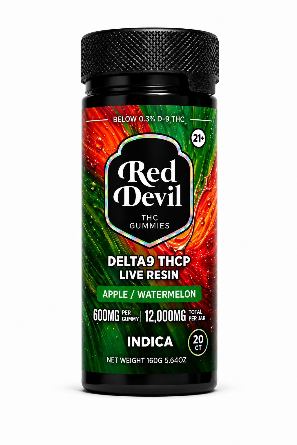 APPLE WATERMELON INDICA-755158522613 - Vape Guru Bottle of Red Devil Delta-9 THC gummies in apple/watermelon flavor, Indica, 600mg per gummy, 12,000mg total per jar, 21+.