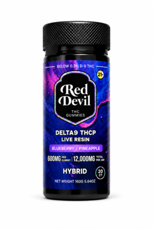 Red Devil THC Gummies bottle label: Delta9/THCP live resin, blueberry pineapple flavor, 600mg per gummy, total 12,000mg per jar, 21+.