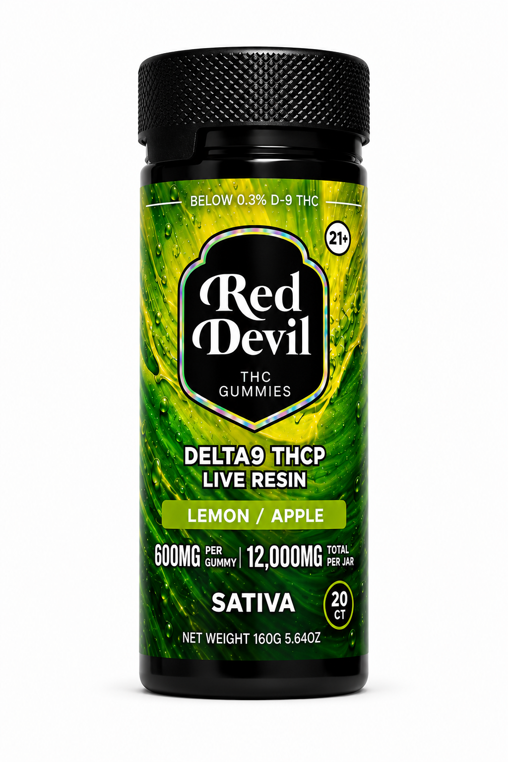 LEMON APPLE SATIVA-755158522590 - Vape Guru Red Devil THC Gummies bottle: Delta-9 THCP, Lemon/Apple flavor, net weight 160 g (5.64 oz), 20 count per jar, 600 mg per gummy, 12,000 mg total.