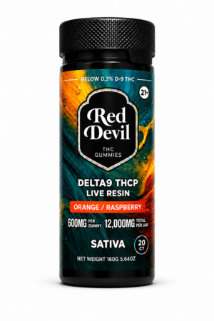 Bottle of Red Devil THC gummies with orange/raspberry flavor, colorful label, 21+ age warning, sativa.”] ,