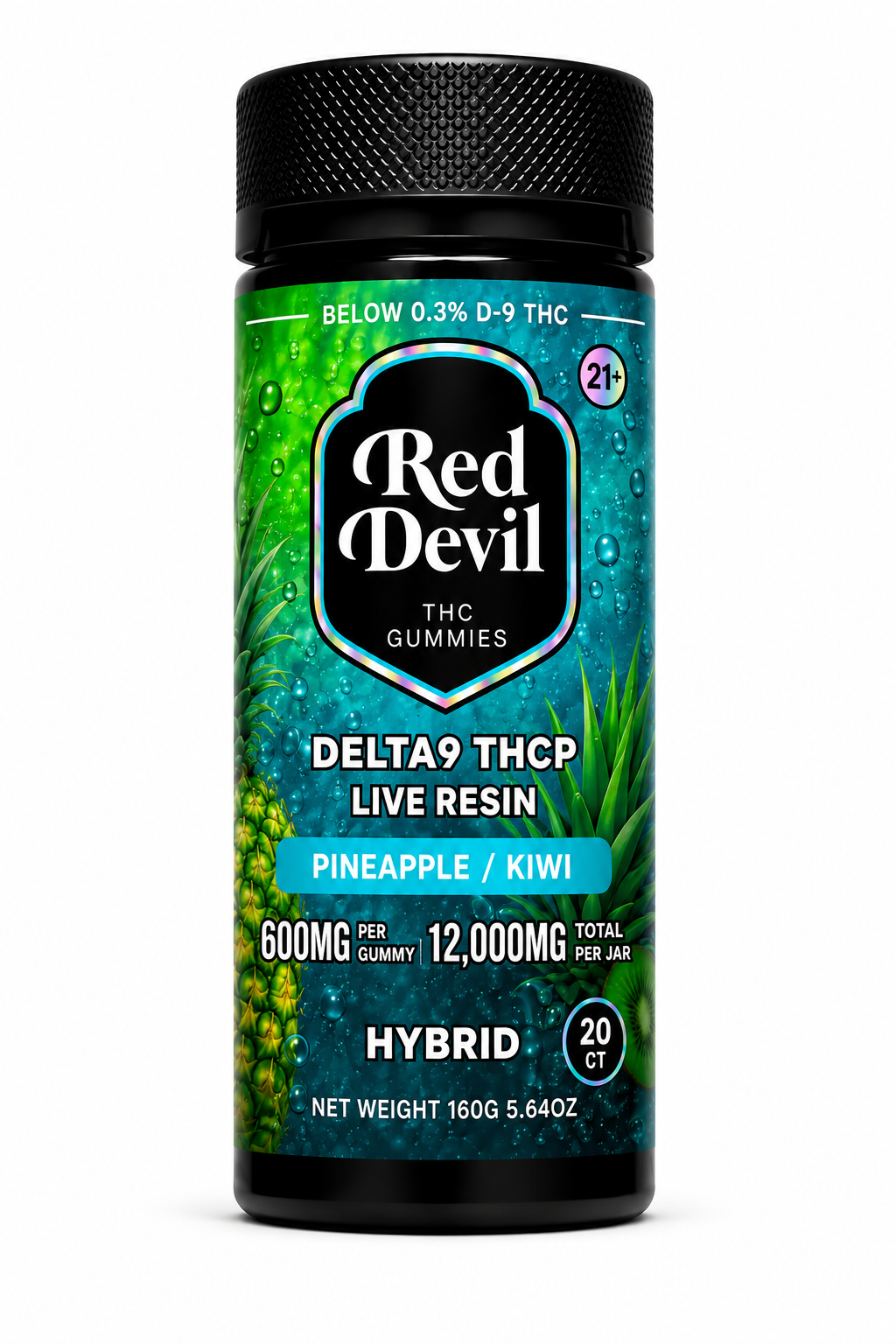 PINEAPPLE KIWI HYBRID-755158522644 - Vape Guru Red Devil THC Gummies bottle label: Delta9 THCP, Pineapple/Kiwi flavor, 600mg per gummy, 12,000mg total per jar, 160g net weight.