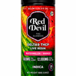 Bottle labeled Red Devil THC Gummies, watermelon/mango flavor, Delta-9 THCP live resin, Indica.