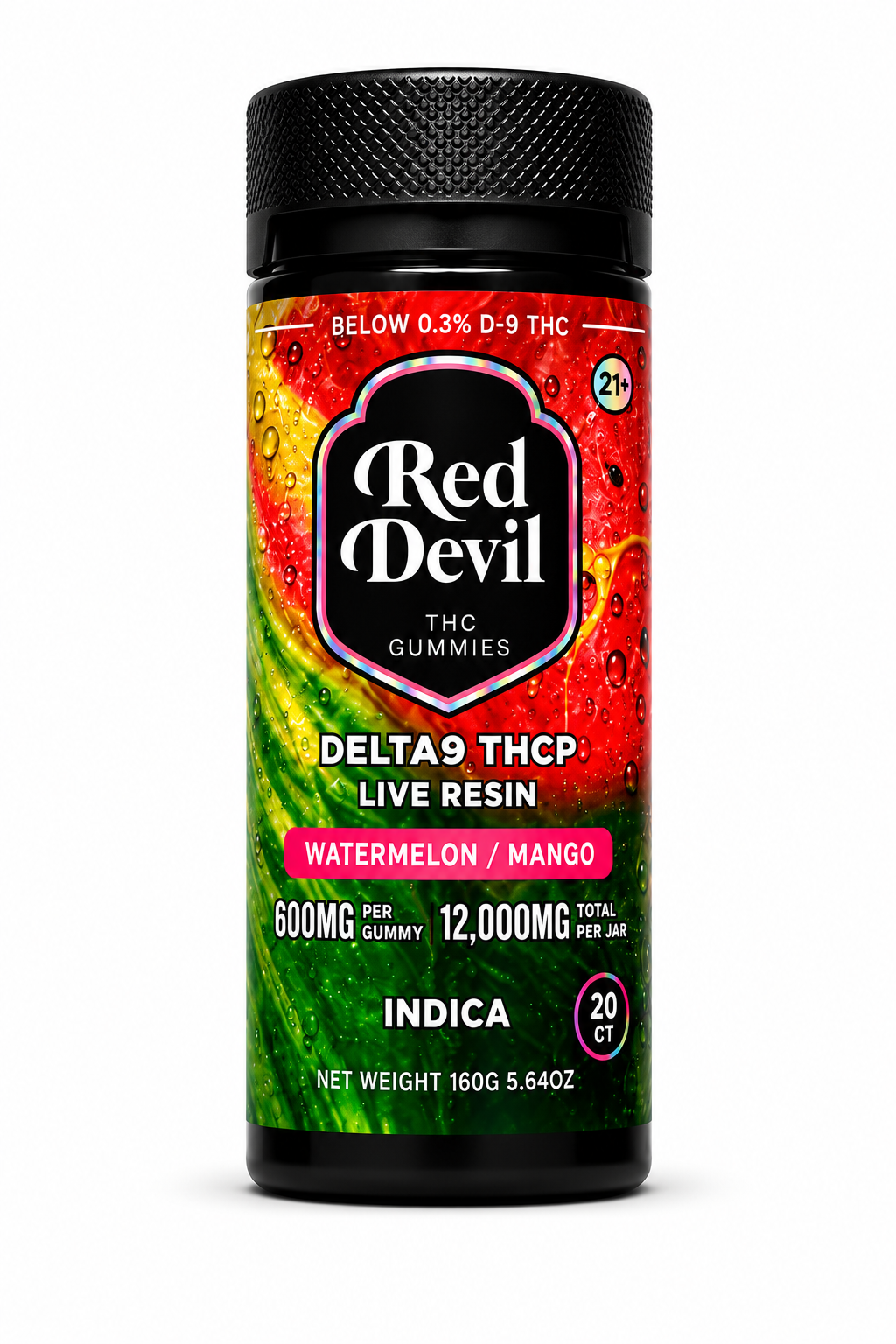 WATERMELON MANGO INDICA-755158522606 - Vape Guru Bottle labeled Red Devil THC Gummies, watermelon/mango flavor, Delta-9 THCP live resin, Indica.